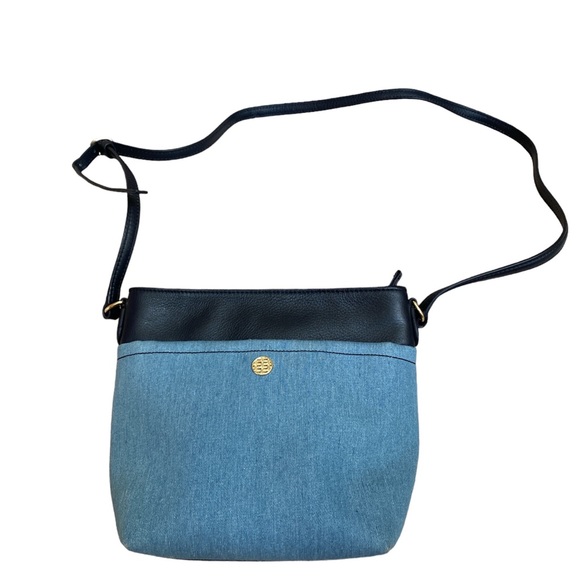 (1340) Talbots Leather & Denim Crossbody Bag 10” x9” x4.5” - Picture 2 of 8